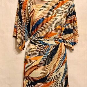 BCBGMaxAzria Abstract Geometric Midi Dress in Cream, Orange & Blue